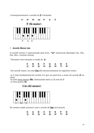 Consequentemente o acorde de F é formado:

           1a    3a      5a   ou   F    A     C

                 F (fá maior)




            F        A   C


  Acorde Menor (m)

O acorde menor é representado pela letra “m” minúscula (Exemplo Cm, Dm,
Em, Bm, e muitos outros).

Tomamos com exemplo a escala de C:

                 C       D    E    F    G     A     B    C
                 1a      2a   3a   4a   5a    6a    7a   8a

Um acorde maior, no caso Cm (dó menor),tomamos as seguintes notas:

 a) A nota fundamental do acorde (1a) que na qual leva o nome do acorde (C no
caso)
 b) Uma terça menor (Eb), diminuindo meio (1/2) tom de E
 c) Uma quinta (G)

               Cm (dó menor)




     C    Eb     G

Do mesmo modo acontece com o acorde de Gm (sol menor):

                 G       A    B    C    D     E     F    G
                 1a      2a   3a   4a   5a    6a    7a   8a




                                                                           49
 