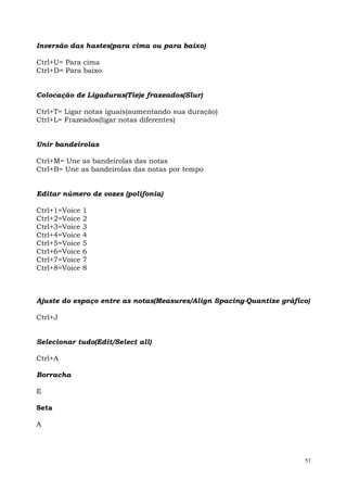 Inversão das hastes(para cima ou para baixo)

Ctrl+U= Para cima
Ctrl+D= Para baixo


Colocação de Ligaduras(Tie)e frazeados(Slur)

Ctrl+T= Ligar notas iguais(aumentando sua duração)
Ctrl+L= Frazeados(ligar notas diferentes)


Unir bandeirolas

Ctrl+M= Une as bandeirolas das notas
Ctrl+B= Une as bandeirolas das notas por tempo


Editar número de vozes (polifonia)

Ctrl+1=Voice   1
Ctrl+2=Voice   2
Ctrl+3=Voice   3
Ctrl+4=Voice   4
Ctrl+5=Voice   5
Ctrl+6=Voice   6
Ctrl+7=Voice   7
Ctrl+8=Voice   8



Ajuste do espaço entre as notas(Measures/Align Spacing-Quantize gráfico)

Ctrl+J


Selecionar tudo(Edit/Select all)

Ctrl+A

Borracha

E

Seta

A




                                                                      57
 