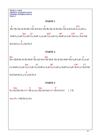 MÚSICA 5: BEN
ARTISTA: JACKSON`S FIVE
GÊNERO: INTERNACIONAL
TOM: F


                                                     PARTE 1

 F                             C                 F                        C           F7+
Do | Re Do Si Do Re | Do Sol Sol | Do Re Do Si Do Re | Do La# La# | La La# La

                  Em       A7                         Eb7            D7         C#7         C7
Sol# La La# | La la# | La Sol# La La# | La La# | La Sol# La La# | Sol La | Sol Fa#

              F
Sol Sol La | La Sol Fa ||


                                                     PARTE 2

Fm                                 C             Fm                            C             F
Do | Do# Do Si Do Do# | Do Sol Sol | Do Do# Do Si Do Do# | Do La# La# | La La#

                   Em                  A7                   D7                       C#7         C7
La Sol# La La# | La | La# | La Sol# La La# | La La# La Sol# La La# | Sol La | Sol Fa#

                       F
Sol Fa# Sol La | La Sol Fa ||


                                                     PARTE 3

     Gm                    F                Gm                   F
Fa | Sol Do Do | C7 Mi La La | Re Sol Sol | C7 Do Fa Fa ||                    } 2X


OBS: F7+   = Mi Do La Fa




                                                                                                      80
 