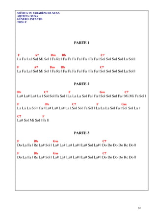 MÚSICA 17: PARABÉNS DA XUXA
ARTISTA: XUXA
GÊNERO: INFANTIL
TOM: F




                                          PARTE 1


F           A7            Dm    Bb                         C7
La Fa La | Sol Mi Sol | Fa Re | Fa Fa Fa Fa | Fa | Fa Fa | Sol Sol Sol Sol La Sol |

F          A7             Dm    Bb                         C7
La Fa La | Sol Mi Sol | Fa Re | Fa Fa Fa Fa | Fa | Fa Fa | Sol Sol Sol Sol La Sol |


                                          PARTE 2

Bb                C7                 F                     Gm              C7
La# La# La# La | Sol Sol Fa Sol | La La La Sol Fa | Fa | Sol Sol Sol Fa | Mi Mi Fa Sol |

F                    Bb                  C7            F                 Gm
La La La Sol | Fa | La# La# La# La | Sol Sol Fa Sol | La La La Sol Fa | Sol Sol La |

C7               F
La# Sol Mi Sol | Fa ||


                                          PARTE 3

F          Bb              Gm                               C7
Do La Fa | Re La# Sol | La# La# La# La# | La# Sol La# | Do Do Do Do Re Do ||

F          Bb              Gm                               C7
Do La Fa | Re La# Sol | La# La# La# La# | La# Sol La# | Do Do Do Do Re Do ||




                                                                                      92
 