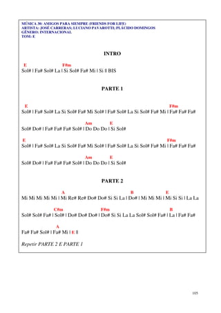 105
MÚSICA 30: AMIGOS PARA SIEMPRE (FRIENDS FOR LIFE)
ARTISTA: JOSÉ CARRERAS; LUCIANO PAVAROTTI; PLÁCIDO DOMINGOS
GÊNERO: INTERNACIONAL
TOM: E
INTRO
E F#m
Sol# | Fa# Sol# La | Si Sol# Fa# Mi | Si || BIS
PARTE 1
E F#m
Sol# | Fa# Sol# La Si Sol# Fa# Mi Sol# | Fa# Sol# La Si Sol# Fa# Mi | Fa# Fa# Fa#
Am E
Sol# Do# | Fa# Fa# Fa# Sol# | Do Do Do | Si Sol#
E F#m
Sol# | Fa# Sol# La Si Sol# Fa# Mi Sol# | Fa# Sol# La Si Sol# Fa# Mi | Fa# Fa# Fa#
Am E
Sol# Do# | Fa# Fa# Fa# Sol# | Do Do Do | Si Sol#
PARTE 2
A B E
Mi Mi Mi Mi Mi | Mi Re# Re# Do# Do# Si Si La | Do# | Mi Mi Mi | Mi Si Si | La La
C#m F#m B
Sol# Sol# Fa# | Sol# | Do# Do# Do# | Do# Si Si La La Sol# Sol# Fa# | La | Fa# Fa#
A
Fa# Fa# Sol# | Fa# Mi | E ||
Repetir PARTE 2 E PARTE 1
 