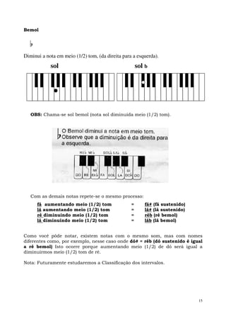 15
Bemol
Diminui a nota em meio (1/2) tom, (da direita para a esquerda).
sol sol b
OBS: Chama-se sol bemol (nota sol diminuída meio (1/2) tom).
Com as demais notas repete-se o mesmo processo:
fá aumentando meio (1/2) tom = fá# (fá sustenido)
lá aumentando meio (1/2) tom = lá# (lá sustenido)
ré diminuindo meio (1/2) tom = réb (ré bemol)
lá diminuindo meio (1/2) tom = láb (lá bemol)
Como você pôde notar, existem notas com o mesmo som, mas com nomes
diferentes como, por exemplo, nesse caso onde dó# = réb (dó sustenido é igual
a ré bemol) Isto ocorre porque aumentando meio (1/2) de dó será igual a
diminuirmos meio (1/2) tom de ré.
Nota: Futuramente estudaremos a Classificação dos intervalos.
 