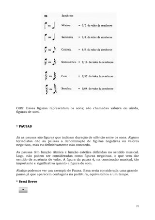 21
OBS: Essas figuras representam os sons; são chamadas valores ou ainda,
figuras de som.
* PAUSAS
Já as pausas são figuras que indicam duração de silêncio entre os sons. Alguns
tecladistas dão às pausas a denominação de figuras negativas ou valores
negativos, mas eu definitivamente não concordo.
As pausas têm função rítmica e função estética definidas no sentido musical.
Logo, não podem ser consideradas como figuras negativas, o que vem dar
sentido de ausência de valor. A figura da pausa é, na construção musical, tão
importante e significativa quanto a figura do som.
Abaixo podemos ver um exemplo de Pausa. Essa seria considerada uma grande
pausa já que aparecem contagens na partitura, equivalentes a um tempo.
* Semi Breve
 