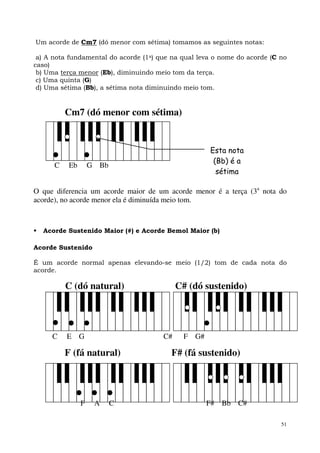 51
Um acorde de Cm7 (dó menor com sétima) tomamos as seguintes notas:
a) A nota fundamental do acorde (1a) que na qual leva o nome do acorde (C no
caso)
b) Uma terça menor (Eb), diminuindo meio tom da terça.
c) Uma quinta (G)
d) Uma sétima (Bb), a sétima nota diminuindo meio tom.
Cm7 (dó menor com sétima)
C Eb G Bb
O que diferencia um acorde maior de um acorde menor é a terça (3a
nota do
acorde), no acorde menor ela é diminuída meio tom.
Acorde Sustenido Maior (#) e Acorde Bemol Maior (b)
Acorde Sustenido
É um acorde normal apenas elevando-se meio (1/2) tom de cada nota do
acorde.
C (dó natural) C# (dó sustenido)
C E G C# F G#
F (fá natural) F# (fá sustenido)
F A C F# Bb C#
Esta nota
(Bb) é a
sétima
 