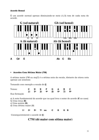 52
Acorde Bemol
É um acorde normal apenas diminuindo-se meio (1/2) tom de cada nota do
acorde.
G (sol natural) Gb (sol bemol)
G B D Gb Bb Db
A (lá natural) Ab (lá bemol)
A C# E Ab C Eb
Acordes Com Sétima Maior (7M)
A sétima maior (7M ou maj7) é a sétima nota da escala, distante da oitava nota
apenas um semitom:
Tomando com exemplo a escala de C:
Temos: C D E F G A B C
1a 2a 3a 4a 5a 6a 7a 8a
Sua formação
a) A nota fundamental do acorde que na qual leva o nome do acorde (C no caso)
b) Uma terça (E)
c) Uma quinta (G)
d) Uma sétima maior (B)
1a 3a 5a 7a ou C E G B
Consequentemente o acorde de C:
C7M (dó maior com sétima maior)
 