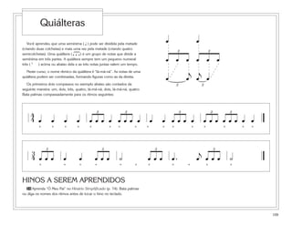 109
Você aprendeu que uma semínima ( q ) pode ser dividida pela metade
(criando duas colcheias) e mais uma vez pela metade (criando quatro
semicolcheias). Uma quiáltera ( ) é um grupo de notas que divide a
semínima em três partes. A quiáltera sempre tem um pequeno numeral
três ( £ ) acima ou abaixo dela e as três notas juntas valem um tempo.
Neste curso, o nome rítmico da quiáltera é “lá-má-ná”. As notas de uma
quiáltera podem ser combinadas, formando figuras como as da direita.
Os primeiros dois compassos no exemplo abaixo são contados da
seguinte maneira: um, dois, três, quatro, lá-má-ná, dois, lá-má-ná, quatro.
Bata palmas compassadamente para os ritmos seguintes:
HINOS A SEREM APRENDIDOS
54 Aprenda “Ó Meu Pai” no Hinário Simplificado (p. 74). Bata palmas
ou diga os nomes dos ritmos antes de tocar o hino no teclado.
œ œ œ
œ œ
œ œ œ œ œ œ
£ £
œ œ
j
œ
j
œ
£ £
4
4 œ œ œ œ œ œ œ œ œ œ œ
* * * * * * * * * * * * * * * *
œ œ œ
£
œ œ œ
£
œ œ œ
£
œ œ œ
£
œ œ œ
£
* * * * * * * * * * *
3
4 œ œ œ œ œ œ œ œ ˙ œ œ œ œ . œ
j
œ œ œ ˙
£ £ £ £
Quiálteras
 