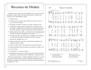 116
O hinário fornece muitos recursos importantes com os quais você deve
familiarizar-se. Alguns deles estão relacionados abaixo e indicados por
números no hino exemplificado à direita.
1. O título do hino.
2. O número do hino. Deve-se fazer referência ao número do hino e
não ao número da página.
3. A indicação do caráter da música, que sugere o espírito do hino.
4. O andamento sugerido (número de tempos por minuto) para o hino.
No exemplo, q=84-96 indica que podem-se tocar entre 84 a 96 semíni-
mas em 60 segundos, ou seja, três semínimas a cada dois segundos.
5. O símbolo da clave de sol ( & ) e o da clave de fá ( ? ). Estas claves estão
colocadas em pautas ou pentagramas de cinco linhas.
6. A armadura de clave, que indica em que tonalidade o hino está escri-
to. É ela que indica quantos sustenidos ou bemóis o hino tem.
7. A fórmula de compasso (ver p. 13).
8. Cadência introdutória, que indica uma introducão adequada a ser
tocada pelo piano ou órgão.
9. O texto (ou letra) do hino. Há seis estrofes no texto do exemplo.
10. Estrofes adicionais do texto. Encoraja-se sua inclusão ao se cantar o hino.
11. O autor da letra.
12. O compositor ou a origem da música.
13. Sugestões de escrituras que se relacionam ao hino. Estude as escrituras
para ajudá-lo a compreender melhor o significado e o espírito dos hinos.
Para maiores informações a respeito da utilização do hinário, ver a seção
“Como Usar o Hinário” (Hinos, pp. 265–72) dá mais informações úteis.
Veja algumas sugestões específicas para organistas e pianistas principiantes
nas páginas 271 e 272.
2
10
12
1311
9
3 4
8765
8 8
1
5
8
54 Doce É o Trabalho
]
&
#
˙˙ œ
œ
˙
˙ œœ ˙.
.˙
œ
œ
œ
œ
œ
œ
˙
˙
œœ
˘
ção,
vor e gra - ças dar; Mos - trar ao mun - do
em san - ta paz, E - le - va a Deus o
o - bras be - las são. E - las re - bri - lham
rei - no eu su - bir E tu - a fa - ce
?
# ˙
˙
œœ œ
œ
˙..˙ œœ œœ œœ œ˙ ˙ n œ
Letra: Isaac Watts, 1674-1748
Música: John J. McClellan, 1874-1925
6. Irei ouvir, saber e amar
Tudo o que neste mundo quis
E o que tenho hei de dar
Para viver no céu feliz!
5. Quero habitar meu lar no céu
E alcançar exaltação;
Sempre, Senhor, serei fiel
Hei de vencer a tentação!
#
œ
œ
Com fervor q= 84-96
[
1.
2.
3.
4.
˘
˘
˘
Do - ce é o tra - ba - lho, ó Se - nhor! Can - tar lou -
Do - ce é o di - a do Se - nhor! O co - ra -
Tri - un - fa - rei em ti, Se - nhor; As tu - as
Teu san - to no - me lou - va - rei, Quan-do ao teu
[ ]
&
# œ œ œ
œ ˙.
.˙ œœ œœ
œ
œ ˙˙ œœ œœ œœ œœ ˙.
.˙˙
?
# œœ œ
œ
œ
œ
˙.
.˙
œ
œ
œ
œ
œ
œ
˙
˙
œ
œ
œ
œ
œ
œ
œ œ ˙.
.˙
œ
˘ ˘
˘
teu a - mor E teus en - si - nos a - pli - car.
seu lou - vor Na a-do - ra - ção que sa - tis - faz.
com ful - gor E teus con - se - lhos luz me dão.
eu ve - rei Na gló - ria e - ter - na a re - ful - gir.
Salmos 92:1-5
Enos 1:27
&
# 34 œœ œœ œœ
˙
˙
œ
œ
˙
˙
œœ ˙.
.˙ œœ œœ
?
# 34
œ
œ
œœ œœ ˙˙
œœ
œœ ˙
˙ œ
œ œ
œ
œ˙ ..
Recursos do Hinário
 