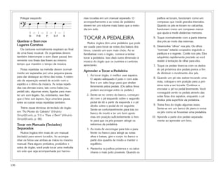 136
Polegar esquerdo
Quebrar o Som nos
Lugares Corretos
Os cantores normalmente respiram ao final
de uma frase musical. Os organistas devem
também interromper o som (fazer pausa) bre-
vemente nos finais das frases ao mesmo
tempo que mantêm o tempo da música.
Notas repetidas na melodia devem normal-
mente ser separadas por uma pequena pausa
para dar destaque ao ritmo das notas. A exten-
são da separação variará de acordo com o
espírito e o ritmo da música. As notas repeti-
das nas demais vozes, tais como baixo (ou
pedal) são, algumas vezes, ligadas para man-
ter um som legato. Se, entretanto, isso fizer
que o hino soe áspero, faça uma leve pausa
entre as outras notas repetidas também.
Treine essas técnicas de teclado de órgão
em “No Monte do Calvário” (Hinário
Simplificado, p. 51) e “Faze o Bem” (Hinário
Simplificado, p. 66).
Tocar em Manuais (Teclados)
Separados
Muitos órgãos têm mais de um manual
(teclado) para serem tocados. Ao acompa-
nhar os hinos use ambas as mãos no mesmo
manual. Para alguns prelúdios, poslúdios e
solos de órgão, você pode tocar uma melodia
em solo que seja acompanhada por harmo-
nias tocadas em um manual separado. O
acompanhamento e as notas da pedaleira
devem ter um volume mais baixo que a melo-
dia em solo.
TOCAR A PEDALEIRA
Muitos órgãos têm uma pedaleira que pode
ser usada para tocar as notas dos baixos dos
hinos, criando um som mais cheio. Ao se
familiarizar com o órgão, comece a tentar
tocar a pedaleira. Isso dará outra dimensão à
música do órgão que os ouvintes e cantores
apreciarão.
Aprender a Tocar a Pedaleira
1. Ao tocar órgão, é melhor usar sapatos.
O sapato adequado é justo e com sola
fina e um salto largo para que deslize
livremente pelos pedais. (Os saltos finos
podem escorregar entre os pedais.)
2. Sente-se no centro do banco, começan-
do com o pé esquerdo sobre o segundo
pedal de dó a partir da esquerda e o pé
direito sobre o pedal de mi seguinte.
Sente-se confortavelmente para trás no
banco de modo a ter um bom apoio
mas em posição suficientemente à fren-
te para que os pés possam atingir os
extremos da pedaleira.
3. Ao invés de escorregar para trás e para
frente no banco para atingir as notas
altas e baixas, gire o corpo no banco a
partir dos quadris de modo a manter o
equilíbrio.
4. Mantenha os joelhos próximos e os calca-
nhares o mais junto possíveis. Quando os
joelhos se tocam, funcionam como um
compasso que mede grandes intervalos.
Quando os pés se tocam no calcanhar,
funcionam como um compasso menor
que ajuda a medir distâncias menores.
5. Toque normalmente com a parte interna
dos pés ao invés das externas.
6. Desenvolva “olhos” nos pés. Os olhos
“normais” estarão ocupados seguindo a
partitura e o regente. Confie nos pés. Eles
adquirirão rapidamente precisão se você
resistir à tentação de olhar para eles.
7. Toque os pedais brancos com os dedos
do pé próximos dos pedais pretos a fim
de diminuir o movimento dos pés.
8. Quando um pé não estiver tocando uma
nota, coloque-o em posição para a pró-
xima nota a ser tocada. Continue a
encostar o pé no pedal levemente. Você
conseguirá sentir os pedais através das
solas finas dos sapatos, enquanto o pé
desliza pela superfície da pedaleira.
9. Treine fora do órgão algumas vezes.
Sente-se em um banco de piano e mova
os pés como se houvesse uma pedaleira.
10. Aprenda a parte dos pedais separada-
mente ao aprender um hino.
?
œ œ œ œ œ
1 — 1 — 1 — 1 — 1
B P-B P B-P B
 
