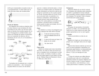 144
de fá) que compreendem as seções vocais ou
o acompanhamento. A chave indica que as
notas das duas claves são tocadas juntas.
Círculo de Quintas
Um diagrama que mostra as relações entre
as notas maiores e suas armaduras de clave.
A armadura de dó maior, que não tem suste-
nidos ou bemóis, fica na parte superior do cír-
culo. Prosseguindo no sentido horário, avan-
çando num intervalo de quinta e acrescentan-
do-se um sustenido de cada vez, vêm as
armaduras de sol, ré, lá, mi, si, fá sustenido e
dó sustenido.
A armadura de dó sustenido tem o número
máximo de sustenidos — sete. Começando
na parte inferior do círculo com dó bemol,
que tem o máximo de bemóis (sete), o círculo
continua em sentido horário em intervalos de
quinta, eliminando um bemol de cada vez até
chegar-se novamente ao dó na parte superior
do círculo. Na parte inferior do círculo, locali-
za-se uma área onde os sustenidos e os
bemóis se sobrepõem, demonstrando ser
possível escrever certas escalas de dois
modos. Em outras palavras, as escalas de fá
sustenido e sol bemol usam as mesmas
teclas quando tocadas num teclado. (Ver tam-
bém Tons enarmônicos.)
Clave
Um símbolo no começo do pentagrama que
indica a elevação das notas dentro da pauta.
A clave de sol toma por base a
nota sol localizada acima do dó
central.
A clave de fá toma por base o fá
abaixo do dó central.
Ver clave de dó.
Clave de Dó
Usada nos arranjos para vozes masculinas
dos hinos. As notas na clave de dó são toca-
das ou cantadas como se estivessem na clave
de sol, sendo, no entanto, tocadas ou canta-
das uma oitava abaixo do que seriam na clave
de sol. “Brilham Raios de Clemência” (Hinos,
nº 202) usa a clave de dó.
Compassos
Pequenas divisões de um trecho musical.
Os compassos são indicados pelos travessões
e contêm a quantidade de tempo indicada
pelo numerador (número superior) da fórmula
de compasso. Por exemplo: Cada compasso
da fórmula $ tem quatro tempos.
Conjunto
Um grupo de executantes, de tamanho
pequeno ou médio, com normalmente não
mais de um ou dois músicos por parte. Eles
podem apresentar-se com ou sem regente.
Contralto
A linha vocal inferior na clave de sol.
Cópulas
Registros de órgão que não produzem seu
próprio som, mas ligam vários sons do órgão.
Coral
Estilo de hino luterano alemão que teve seu
início no século dezesseis e representou um
importante papel histórico no desenvolvimento
da forma do hino moderno. “Castelo Forte”
(Hinos, nº 32) é um exemplo de coral.
Coro
1. Grupo de cantores que utiliza diversos
executantes para cada voz e normalmente
apresenta músicas em serviços religiosos (ver
também Alcance vocal). É comum existirem
coros masculinos, coros femininos e coros
mistos para homens e mulheres. Coros infan-
& ˙ œ œ œ œ œ œ ˙ ˙
4
4
➞ ➞
compasso
B
B
?
&
Dó
Sol
Ré
Lá
Mi
Si
Fá
#Dó
#
Lá
b
Mi
b
Si
b
Fá
Ré
b
Sol
b Dó
b
bb
b( )
bbbb( ) ####( )
#####
#( )
##( )
#####( )
b( ) #( )
bb)(
bb
bb
bbb( )bb
bb
b( ) bb
bb
bb( )
###( )
#######( )
ß
Í
?
&
 