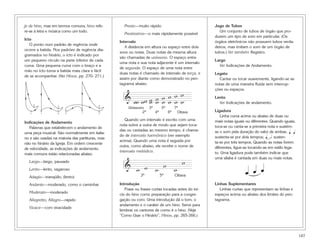 147
jo de hino, mas em termos comuns, hino refe-
re-se à letra e música como um todo.
Icto
O ponto num padrão de regência onde
ocorre a batida. Nos padrões de regência dia-
gramados no hinário, o icto é indicado por
um pequeno círculo na parte inferior de cada
curva. Uma pequena curva com o braço e a
mão no icto torna a batida mais clara e fácil
de se acompanhar. (Ver Hinos, pp. 270- 271.)
Indicações de Andamento
Palavras que estabelecem o andamento de
uma peça musical. São normalmente em italia-
no e são usadas na maioria das partituras, mas
não no hinário da Igreja. Em ordem crescente
de velocidade, as indicações de andamento
mais comuns estão relacionadas abaixo.
Largo—largo, pausado
Lento—lento, vagaroso
Adagio—tranqüilo, (lento)
Andante—moderado, como o caminhar
Moderato—moderado
Allegretto, Allegro—rápido
Vivace—com vivacidade
Presto—muito rápido
Prestissimo—o mais rápidamente possível
Intervalo
A distância em altura ou espaço entre dois
sons ou notas. Duas notas da mesma altura
são chamadas de uníssono. O espaço entre
uma nota e sua nota adjacente é um intervalo
de segunda. O espaço de uma nota entre
duas notas é chamado de intervalo de terça, e
assim por diante como demonstrado no pen-
tagrama abaixo.
Quando um intervalo é escrito com uma
nota sobre a outra de modo que sejam toca-
das ou cantadas ao mesmo tempo, é chama-
do de intervalo harmônico (ver exemplo
acima). Quando uma nota é seguida por
outra, como abaixo, ele recebe o nome de
intervalo melódico.
Introdução
Frase ou frases curtas tocadas antes do iní-
cio do hino como preparação para a congre-
gação ou coro. Uma introdução dá o tom, o
andamento e o caráter de um hino. Serve para
lembrar os cantores de como é o hino. (Veja
“Como Usar o Hinário”, Hinos, pp. 265-266.)
Jogo de Tubos
Um conjunto de tubos de órgão que pro-
duzem um tipo de som em particular. (Os
órgãos eletrônicos não possuem tubos verda-
deiros, mas imitam o som de um órgão de
tubos.) Ver também Registro.
Largo
Ver Indicações de Andamento.
Legato
Cantar ou tocar suavemente, ligando-se as
notas de uma maneira fluida sem interrup-
ções ou espaços.
Lento
Ver Indicações de andamento.
Ligadura
Linha curva acima ou abaixo de duas ou
mais notas iguais ou diferentes. Quando iguais,
toca-se ou canta-se a primeira nota e sustém-
se o som pela duração do valor de ambas.
sustenta-se por dois tempos; susten-
ta-se por três tempos. Quando as notas forem
diferentes, ligue-as tocando-as em estilo lega-
to. Uma ligadura pode também indicar que
uma sílaba é cantada em duas ou mais notas.
Linhas Suplementares
Linhas curtas que representam as linhas e
espaços acima ou abaixo dos limites do pen-
tagrama.
œ œ œ
œ ˙
œ œ
& w w w
w
w
w
3ª 5ª Oitava
Uníssono
2ª
3ª
4ª
5ª
6ª
7ª
Oitava
& ww ww ww ww
w
w
w
w
w
w
w
w
32 1
43
21
2
1
 