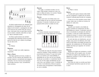 148
As linhas suplementares são utilizadas para
estender-se o pentagrama da clave de sol
abaixo do dó central e o pentagrama da clave
de fá acima do dó central. Para dar nome à
nota, conte para cima ou para baixo da linha
do dó central, contando cada linha ou espa-
ço. Veja os exemplos acima.
As linhas suplementares são também
empregadas para extensões acima do penta-
grama da clave de sol e abaixo do pentagra-
ma da clave de fá.
Loco
Ver Oitavar.
Maestoso
Tocar ou cantar num estilo majestoso,
imponente.
Maior e Menor
Dois tipos genéricos de tons, escalas ou
acordes. Os tons maiores são baseados nas
escalas maiores e normalmente são alegres e
animados. Os tons menores são baseados
nas escalas menores e são, normalmente,
mais sombrios.
Manuais
No órgão, os teclados tocados com as
mãos. Cada teclado controla um certo con-
junto ou fileira de tubos. Ver também Teclado
principal e Teclado do recitativo.
Marcato
Tocar uma nota com ênfase (mas com
menos ênfase do que um sinal de acentuação
indicaria). O marcato é indicado por uma
pequena linha acima ou abaixo da nota.
Meio Tom
O menor intervalo musical, formado ao
tocarem-se duas teclas adjacentes no teclado.
Melodia
A sucessão de notas de uma peça musical
chama-se melodia. A linha melódica é a mais
proeminente da música. É a que você canta-
rola ou se lembra com mais facilidade. A
identidade de um hino vem de sua melodia.
Ainda que os acordes e o movimento harmô-
nico de um hino sejam semelhantes aos de
outro hino, sua melodia é única. A melodia de
um hino é normalmente a linha do soprano.
As outras vozes acompanham e harmonizam-
se com a melodia.
Menor
Ver Maior e menor.
Métrica
O modo pelo qual os tempos estão dividi-
dos em compassos. A métrica de um trecho
musical é indicada pela fórmula de compasso.
O texto de um hino também possui métri-
ca que, neste caso, se refere ao número de
sílabas em cada verso.
Metrônomo
Aparelho que mantém uma batida de
tempo constante em andamentos de 40 a
208 batidas por minuto. A indicação metronô-
mica é encontrada no princípio de cada hino
do hinário. A nota que a indica demonstra a
unidade de tempo e o número indica quantos
destes tempos devem ocorrer em um minuto.
Se você não tiver um metrônomo, use um
relógio como ponto de referência. Um anda-
mento de 60 indica uma batida de tempo por
segundo. Um andamento de 120 indica duas
batidas de tempo por segundo. Ver também
Andamento.
Misturas
Registros de órgão que produzem a combi-
nação de dois, três ou quatro sons. As teclas
ou botões de registro são rotulados com os
algarismos romanos I, II, III e IV além de seus
nomes tradicionais.
Modulação
Uma série de notas ou acordes que fazem
uma transição harmônica suave de um tom
a outro.
➞➞➞➞
➞➞
œ
œ
ß
Í
?
œ œ œ
œ œ œ
& œ œ
œ œ œ
DÓ
DÓ
DÓRÉMI
DÓ RÉ MI
LÁ SI
SI LÁ
œ
 