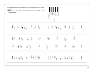 1. Bata palmas em ritmo constante e diga os nomes rítmicos das figuras
abaixo.
2. 14 Coloque a mão direita conforme demonstrado na ilustração e toque
as notas abaixo.
27
5
1
432
4
4 ˙ ˙ œ œ ˙ ˙ ˙ w ˙ ˙ œ œ ˙
˙ ˙ w
1 2 3 2 1
4 3 2 1 2 3 2 1
5
3
1
3
4 ˙ œ ˙ œ ˙. ˙. ˙. ˙.
˙. ˙.
3 4 3
1 2 3 4 5
2
5
˙ œ ˙ œ ˙. ˙. ˙. ˙. ˙. ˙.
3 4 3
1 2 3 2
5
3 3
4
4 œ œ œ œ ˙ ˙ œ œ œ œ w œ œ œ œ ˙ ˙ œ œ œ œ w
1 1 1 2 3 4 5 5
3 4 5
3 3 3 4
2 2 1 1
3 2 1
 