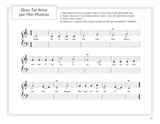 1. Bata palmas em ritmo constante e diga os nomes rítmicos das figuras deste hino.
2. Toque o hino com a mão direita somente e cante o nome de cada tecla ao tocá-la.
3. Toque o hino e cante-o.
Os asteriscos (*) indicam onde mudar a posição da mão para acompanhar o dedilhado.
61
Deus Tal Amor
por Nós Mostrou
&
4
4
˙ œ œ œ œ ˙ ˙ ˙ ˙
Deus tal a - mor por nós mos - trou Que a
?
4
4
ß
Í
ß
Í
ß
Í
U
1 *2
˘
& œ œ œ œ ˙ ˙ ˙ ˙ œ œ œ œ
nós seu Fi - lho en - vi - ou Pa - ra o ca - mi - nho
?
U
*15 3
˘
& ˙ œ œ ˙ ˙ œ œ œ œ ˙ œ œ ˙
nos mos - trar Que ao Rei - no E - ter - no vai le - var.
?
U U
4 4 5 *4
˘˘
 