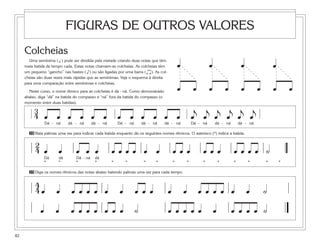 82
Colcheias
Uma semínima ( q ) pode ser dividida pela metade criando duas notas que têm
meia batida de tempo cada. Estas notas chamam-se colcheias. As colcheias têm
um pequeno “gancho” nas hastes ( e ) ou são ligadas por uma barra ( ). As col-
cheias são duas vezes mais rápidas que as semínimas. Veja o esquema à direita
para uma comparação entre semínimas e colcheias.
Neste curso, o nome rítmico para as colcheias é dá - ná. Como demonstrado
abaixo, diga “dá” na batida do compasso e “ná” fora da batida do compasso (o
momento entre duas batidas).
38 Bata palmas uma vez para indicar cada batida enquanto diz os seguintes nomes rítmicos. O asterisco (*) indica a batida.
39 Diga os nomes rítmicos das notas abaixo batendo palmas uma vez para cada tempo.
œ œ
œ œ œ œ œ œ œ œ
œ œ œ œ
Dá - ná dá - ná dá - ná Dá - ná dá - ná dá - ná Dá - ná dá - ná dá - ná
34 œ œ œ œ œ œ œ œ œ œ œ œ œ
j
œ
j
œ
j
œ
j
œ
j
œ
j
* * * * * * * * * * * * * * * *
Dá dá Dá - ná dá
24 œ œ œ œ œ œ œ œ œ œ œ œ œ œ œ œ œ œ œ œ œ ˙
44 œ œ œ œ œ œ œ œ œ œ œ œ œ œ œ œ œ œ ˙
œ œ œ œ œ œ œ œ œ ˙œ œ œ œœ œ œ œ œ œ
œ
˙
FIGURAS DE OUTROS VALORES
 