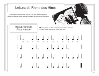 Leitura do Ritmo dos Hinos
   Lê-se música do mesmo modo como se lê um livro: da esquerda para a
direita. Ao chegar-se no final da linha, continua-se na seguinte, sem interrupção.




              Nossa Humilde                                     10 Bata palmas em ritmo constante para marcar o compasso
               Prece Atende                                     e diga os nomes rítmicos das figuras deste hino.




                       3
                       4˙                      œ œ œ œ ˙                                                 œ œ œ œ
                             Dá    -   á       dá          Dá        dá      dá         Dá   -   á       dá        Dá   dá   dá




                        ˙                      œ ˙                           œ œ œ œ ˙.
                        ˙                      œ œ œ œ ˙                                                 œ œ œ œ
                        ˙                      œ ˙                           œ œ œ œ ˙.
                                                                                                                                  19
 