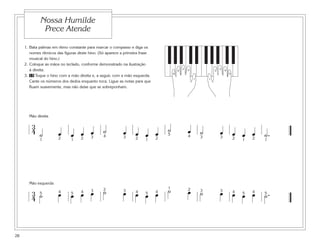 Nossa Humilde
               Prece Atende

     1. Bata palmas em ritmo constante para marcar o compasso e diga os
        nomes rítmicos das figuras deste hino. (Só aparece a primeira frase
        musical do hino.)
     2. Coloque as mãos no teclado, conforme demonstrado na ilustração
        à direita.                                                                    3   2                   3
                                                                                  4                       2       4
                                                                              5                                       5
     3. 15 Toque o hino com a mão direita e, a seguir, com a mão esquerda.
                                                                                              1       1
        Cante os números dos dedos enquanto toca. Ligue as notas para que
        fluam suavemente, mas não deixe que se sobreponham.




       Mão direita

         3
         4 ˙           œ      œ œ œ ˙
                                    4
                                                           œ œ œ œ ˙
                                                                   5
                                                                                          œ ˙
                                                                                          4
                                                                                                              œ œ œ œ ˙.
                       2        2 3                        3 2   2                                3           3 2   2
             1                1                                         1                                                 1   1




       Mão esquerda

         3 5           œ      œ œ œ ˙                      œ œ œ œ ˙                      œ ˙                 œ œ œ œ ˙.
                                                                   1

         4 ˙
                                  3 2                      3                              2 3                 3
                       4      5 4                            4 5 4                                              4 5 4 5




28
 
