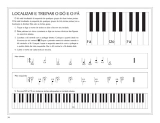 LOCALIZAR E TREINAR O DÓ E O FÁ
        O dó está localizado à esquerda de qualquer grupo de duas notas pretas.
     O fá está localizado à esquerda de qualquer grupo de três teclas pretas (ver a
     ilustração à direita). Elas são as teclas guias.
       1. Toque e diga o nome de todos os dós e fás em seu teclado.
       2. Bata palmas em ritmo constante e diga os nomes rítmicos das figuras
          no exercício abaixo.
       3. Localize o dó central com o polegar direito. Coloque o quarto dedo no
          fá acima do dó central. 19 Toque o primeiro exercício abaixo usando o
          dó central e o fá. A seguir, toque o segundo exercício com o polegar e
                                                                                           Fá        Dó             Fá
          o quinto dedo da mão esquerda. Use o dó central e o fá abaixo dele.
       4. Cante o nome de cada tecla ao tocá-la.


       Mão direita
                        4                ˙                                                œ œ
                        4˙               FÁ              ˙             ˙              œ œ FÁ FÁ      w
                          DÓ                            DÓ            DÓ              DÓ   DÓ        DÓ




                       3 DÓ
                                                   œ ˙.                 ˙.                                œ ˙.
       Mão esquerda

                       4˙           œ ˙                                               ˙.        ˙.   ˙
                                         DÓ             DÓ             DÓ                            DÓ        DÓ
                                   FÁ              FÁ                                 FÁ        FÁ        FÁ




       5. Escreva DÓ e FÁ em todas as teclas adequadas no teclado abaixo.




                                                                            Dó




34
 