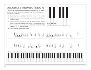 LOCALIZAR E TREINAR O RÉ E O MI
        Ré e mi são as teclas brancas imediatamente à direita do dó. Dó, ré e mi
     são as teclas brancas que envolvem qualquer grupo de duas teclas pretas
     (ver a ilustração à direita).

       1. Toque e diga o nome de todos os “dós”, “rés” e “mis” em seu teclado.
       2. Bata palmas em ritmo constante e diga os nomes rítmicos das figuras
          no exercício abaixo.
       3. Toque os exercícios seguintes nas teclas dó, ré e mi no centro do tecla-
          do com a mão direita; a seguir, toque-os com a mão esquerda. Toque-
          os muitas vezes com cada mão, usando dedos diferentes (dedos 1, 2 e
                                                                                      Dó Ré Mi
          3; dedos 2, 3 e 4; e assim por diante).
       4. Cante o nome de cada tecla ao tocá-la.


                  4
                  4œ œ œ œ œ œ ˙                     ˙       ˙        ˙         ˙            œœœœ ˙ ˙
                                                                                     œ œ œ œ RÉ RÉ RÉ RÉ MI RÉ   w
                           RÉ RÉ RÉ                  MI     MI        RÉ    RÉ
                     DÓDÓDÓDÓ                                                        DÓDÓDÓDÓ                    DÓ




                  3
                  4œ œ œ ˙                     œ ˙               œ RÉ.
                                                                   ˙                 œ œ œ ˙         œ ˙.        ˙.
                    MI MI MI         RÉ        RÉ                                    MIMI MI    RÉ   MI
                                                     DÓ          DÓ                                       DÓ     DÓ


       5. Escreva RÉ e MI em todas as teclas adequadas no teclado abaixo.




                                                                           Dó




36
 