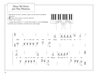 Deus Tal Amor
             por Nós Mostrou

     1. Bata palmas em ritmo constante e diga os nomes rítmicos das figuras
        deste hino.
     2. 22 Toque o hino e cante o nome de cada tecla.
     3. Toque o hino e cante-o.
        Localize estes símbolos ( U ) no hino. Eles recebem o nome de fermatas,
                                                                                                                3   2           2   3
                                                                                                            4                           4
                                                                                                        5                                   5
     e permitem que se sustente a nota além de seu valor regular.                                                       1   1




                 4                                                                                                                                ˙
                 4                                                                               1  ˙                   œ œ œ œ                   DÓ
                                                                                                                                                               ˙
                                                                                                 SOL                SOL SOL SOL SOL                            LÁ

                     Deus            tal       a - mor por    nós     mos       -     trou      Que a               nós seu         Fi - lho      en   -       vi     -
                                                                                                      ˘
                                                               ˙       ˙               ˙
                 4 ˙                 œ œ œ œ                         1 FÁ            2 MI
                     4 DÓ            DÓ DÓ DÓ DÓ              3RÉ
                 4                                                                     u
                    U
                    ˙
                   SOL
                                                               ˙
                                                              SOL
                                                                                               ˙
                                                                                              SOL
                                                                                                                œ œ œ
                                                                                                             œ SOL SOL LÁ
                                                                                                            SOL

                     ou     Pa   -     ra o ca - mi - nho      nos   mos    -       trar     Que ao         Rei - no E - ter - no           vai   le       -    var
                                           ˘                                                   ˘                        ˘
                            ˙
                            RÉ             œ œ œ œ
                                           RÉ RÉ RÉ      MI          œ MI RÉ
                                                                     FÁ
                                                                       œ ˙                                                                  ˙
                                                                                                                                            FÁ
                                                                                                                                                  œ RÉ DÓ
                                                                                                                                                  MI
                                                                                                                                                    œ ˙
                                                                          u                                                                            u

40
 