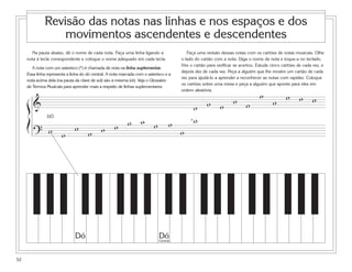 Revisão das notas nas linhas e nos espaços e dos
                  movimentos ascendentes e descendentes
       Na pauta abaixo, dê o nome de cada nota. Faça uma linha ligando a                  Faça uma revisão dessas notas com os cartões de notas musicais. Olhe
     nota à tecla correspondente e coloque o nome adequado em cada tecla.              o lado do cartão com a nota. Diga o nome da nota e toque-a no teclado.
                                                                                       Vire o cartão para verificar se acertou. Estude cinco cartões de cada vez, e
        A nota com um asterisco (*) é chamada de nota na linha suplementar.
                                                                                       depois dez de cada vez. Peça a alguém que lhe mostre um cartão de cada
     Essa linha representa a linha do dó central. A nota marcada com o asterisco e a
                                                                                       vez para ajudá-lo a aprender a reconhecer as notas com rapidez. Coloque
     nota acima dela (na pauta da clave de sol) são a mesma (ré). Veja o Glossário
                                                                                       os cartões sobre uma mesa e peça a alguém que aponte para eles em
     de Termos Musicais para aprender mais a respeito de linhas suplementares.


                                                                                                   w w w w w w w
                                                                                       ordem aleatória.


     ß&                                                                                      w w w
                         w w                                                                *w
               w w w w w
                DÓ
     Í                                                                             w
         ? w w                                                                         w




                               Dó                                            Dó
                                                                             Central




52
 