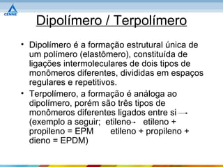 Dipolímero / Terpolímero
• Dipolímero é a formação estrutural única de
  um polímero (elastômero), constituída de
  ligações intermoleculares de dois tipos de
  monômeros diferentes, divididas em espaços
  regulares e repetitivos.
• Terpolímero, a formação é análoga ao
  dipolímero, porém são três tipos de
  monômeros diferentes ligados entre si
  (exemplo a seguir; etileno etileno +
  propileno = EPM       etileno + propileno +
  dieno = EPDM)
 