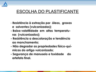 ESCOLHA DO PLASTIFICANTE

- Resistência à extração por óleos, graxas
  e solventes (vulcanizados);
- Baixa volatilidade em altas temperatu-
  ras (vulcanizados);
- Resistência a descoloração e tendência
  ao manchamento;
- Não degradar as propriedades físico-quí-
  micas do artigo vulcanizado;
- Segurança de manuseio e toxidade do
  artefato final.
 