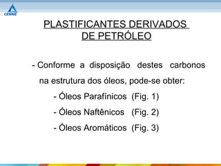 PLASTIFICANTES DERIVADOS
         DE PETRÓLEO

- Conforme a disposição destes carbonos
 na estrutura dos óleos, pode-se obter:
    - Óleos Parafínicos (Fig. 1)
    - Óleos Naftênicos (Fig. 2)
    - Óleos Aromáticos (Fig. 3)
 