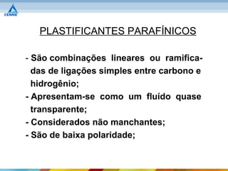 PLASTIFICANTES PARAFÍNICOS

- São combinações lineares ou ramifica-
  das de ligações simples entre carbono e
  hidrogênio;
- Apresentam-se como um fluído quase
  transparente;
- Considerados não manchantes;
- São de baixa polaridade;
 
