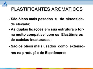 PLASTIFICANTES AROMÁTICOS

- São óleos mais pesados e de viscosida-
  de elevada;
- As duplas ligações em sua estrutura o tor-
  na muito compatível com os Elastômeros
  de cadeias insaturadas;
- São os óleos mais usados como extenso-
 res na produção de Elastômero;
 
