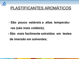 PLASTIFICANTES AROMÁTICOS


- São pouco estáveis a altas temperatu-
 ras (são mais voláteis);
- São mais facilmente extraídos em testes
 de imersão em solventes;
 