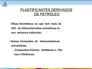 PLASTIFICANTES DERIVADOS
               DE PETRÓLEO

- Óleos Aromáticos: os que tem mais de
 35% de hidrocarbonetos aromáticos na
 sua estrutura molecular;


- Outras formações de hidrocarbônicas
 secundárias:
   - Compostos Polares; Asfaltenos e Ole-
   nos e Olefínicos;
 