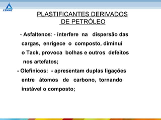 PLASTIFICANTES DERIVADOS
              DE PETRÓLEO
 - Asfaltenos: - interfere na dispersão das
 cargas, enrigece o composto, diminui
 o Tack, provoca bolhas e outros defeitos
  nos artefatos;
- Olefínicos: - apresentam duplas ligações
 entre átomos de carbono, tornando
 instável o composto;
 