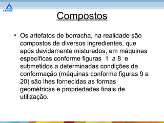 Compostos
• Os artefatos de borracha, na realidade são
  compostos de diversos ingredientes, que
  após devidamente misturados, em máquinas
  específicas conforme figuras 1 a 8 e
  submetidos a determinadas condições de
  conformação (máquinas conforme figuras 9 a
  20) são lhes fornecidas as formas
  geométricas e propriedades finais de
  utilização.
 