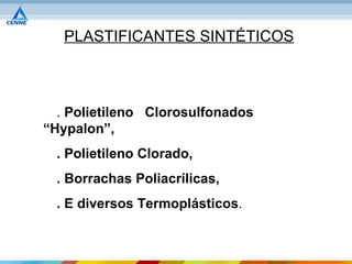 PLASTIFICANTES SINTÉTICOS



  . Polietileno Clorosulfonados
“Hypalon”,
 . Polietileno Clorado,
 . Borrachas Poliacrílicas,
 . E diversos Termoplásticos.
 