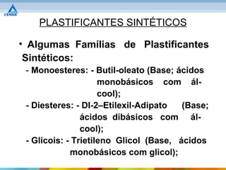 PLASTIFICANTES SINTÉTICOS

• Algumas Famílias de Plastificantes
 Sintéticos:
 - Monoesteres: - Butil-oleato (Base; ácidos
                     monobásicos com ál-
                     cool);
 - Diesteres: - DI-2–Etilexil-Adipato   (Base;
                ácidos dibásicos com ál-
                cool);
 - Glicois: - Trietileno Glicol (Base, ácidos
             monobásicos com glicol);
 