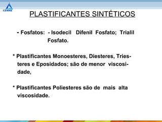 PLASTIFICANTES SINTÉTICOS

 - Fosfatos: - Isodecil Difenil Fosfato; Trialil
             Fosfato.

* Plastificantes Monoesteres, Diesteres, Tries-
  teres e Eposidados; são de menor viscosi-
  dade,

* Plastificantes Poliesteres são de mais alta
  viscosidade.
 