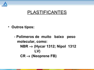 PLASTIFICANTES


• Outros tipos:

   - Polímeros de muito baixo peso
     molecular, como:
       NBR → (Hycar 1312; Nipol 1312
              LV)
       CR → (Neoprene FB)
 