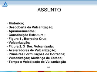 ASSUNTO

- Histórico;
- Descoberta da Vulcanização;
- Aprimoramentos;
- Constituição Estrutural;
- Figura 1 , Borracha Crua;
- Vulcanização;
- Figura 2, 3 Bor. Vulcanizada;
- Aceleradores de Vulcanização;
- Primeiras Formulações de Borracha;
- Vulcanização; Mudança de Estado;
- Tempo e Velocidade de Vulcanização
                        163
 