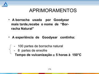 APRIMORAMENTOS
• A borracha usada por Goodyear
  mais tarde,recebe o nome de “Bor-
  racha Natural”

• A experiência de Goodyear continha:

   - 100 partes de borracha natural
   - 8 partes de enxofre
    Tempo de vulcanização ≅ 5 horas à 150°C



                       170
 