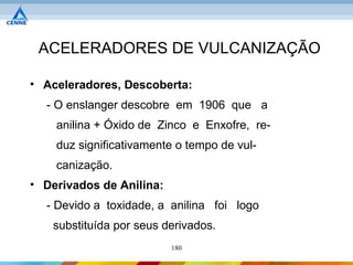 ACELERADORES DE VULCANIZAÇÃO

• Aceleradores, Descoberta:
  - O enslanger descobre em 1906 que a
    anilina + Óxido de Zinco e Enxofre, re-
    duz significativamente o tempo de vul-
    canização.
• Derivados de Anilina:
  - Devido a toxidade, a anilina foi logo
   substituída por seus derivados.
                          180
 