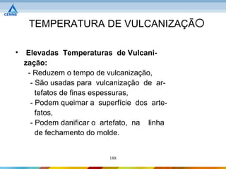 TEMPERATURA DE VULCANIZAÇÃO

•    Elevadas Temperaturas de Vulcani-
    zação:
     - Reduzem o tempo de vulcanização,
      - São usadas para vulcanização de ar-
        tefatos de finas espessuras,
      - Podem queimar a superfície dos arte-
        fatos,
      - Podem danificar o artefato, na linha
        de fechamento do molde.


                           188
 