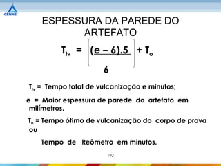 ESPESSURA DA PAREDE DO
          ARTEFATO
         Ttv = (e – 6).5 + To
                      6
Ttv = Tempo total de vulcanização e minutos;
e = Maior espessura de parede do artefato em
 milímetros.
To = Tempo ótimo de vulcanização do corpo de prova
ou
    Tempo de Reômetro em minutos.
                       192
 