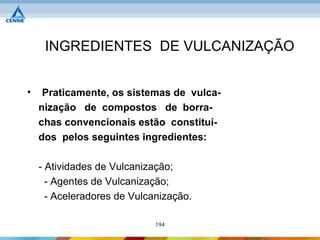 INGREDIENTES DE VULCANIZAÇÃO


•    Praticamente, os sistemas de vulca-
    nização de compostos de borra-
    chas convencionais estão constituí-
    dos pelos seguintes ingredientes:

    - Atividades de Vulcanização;
      - Agentes de Vulcanização;
      - Aceleradores de Vulcanização.

                             194
 