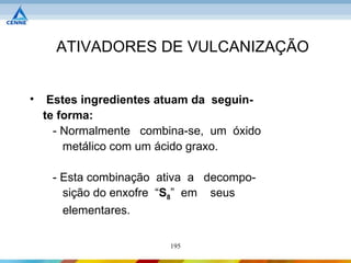 ATIVADORES DE VULCANIZAÇÃO


•    Estes ingredientes atuam da seguin-
    te forma:
      - Normalmente combina-se, um óxido
        metálico com um ácido graxo.

     - Esta combinação ativa a decompo-
       sição do enxofre “S8” em seus
       elementares.

                         195
 
