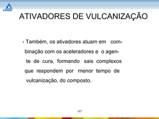 ATIVADORES DE VULCANIZAÇÃO


- Também, os ativadores atuam em com-
 binação com os aceleradores e o agen-
 te de cura, formando sais complexos
 que respondem por menor tempo de
 vulcanização, do composto.




                     197
 