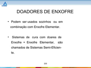 DOADORES DE ENXOFRE

• Podem ser usados sozinhos ou em
    combinação com Enxofre Elementar.


•    Sistemas de cura com doares de
    Enxofre + Enxofre Elementar,   são
    chamados de Sistemas Semi-Eficien-
    te.


                          205
 