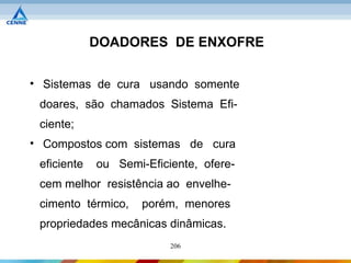 DOADORES DE ENXOFRE

• Sistemas de cura usando somente
 doares, são chamados Sistema Efi-
 ciente;
• Compostos com sistemas de cura
 eficiente   ou Semi-Eficiente, ofere-
 cem melhor resistência ao envelhe-
 cimento térmico,    porém, menores
 propriedades mecânicas dinâmicas.
                          206
 