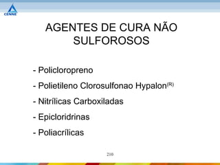 AGENTES DE CURA NÃO
       SULFOROSOS

- Policloropreno
- Polietileno Clorosulfonao Hypalon(R)
- Nitrílicas Carboxiladas
- Epicloridrinas
- Poliacrílicas

                    210
 