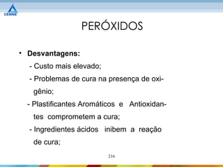 PERÓXIDOS

• Desvantagens:
  - Custo mais elevado;
  - Problemas de cura na presença de oxi-
   gênio;
  - Plastificantes Aromáticos e Antioxidan-
   tes comprometem a cura;
  - Ingredientes ácidos inibem a reação
   de cura;
                          216
 