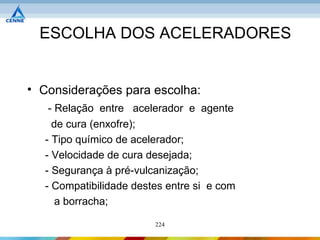 ESCOLHA DOS ACELERADORES


• Considerações para escolha:
   - Relação entre acelerador e agente
    de cura (enxofre);
  - Tipo químico de acelerador;
  - Velocidade de cura desejada;
  - Segurança à pré-vulcanização;
  - Compatibilidade destes entre si e com
     a borracha;

                        224
 